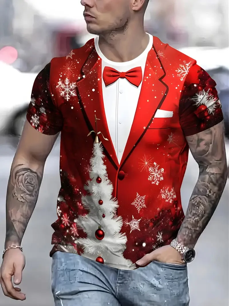 الرجال حفلة عيد الميلاد التي شيرت ثلاثية الأبعاد طباعة بدلة وهمية نمط تصميم قصيرة الأكمام الجولة الرقبة التي شيرت مع ندفة الثلج شجرة عيد الميلاد الطباعة #2