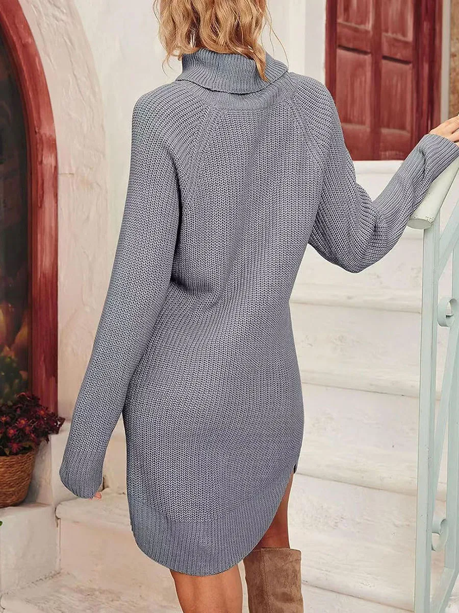 Women\'s Autumn Spring Sweater Dress Casual Long Sleeve Turtleneck Solid Color Knitted Dresses Female Winter Warm Knitwear Daily