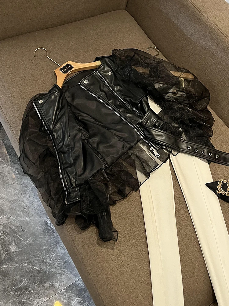معطف نسائي طويل من Street Sle Me Splicing Biker Jaet ذو تأثير شفاف للخريف والشتاء ملابس خارجية