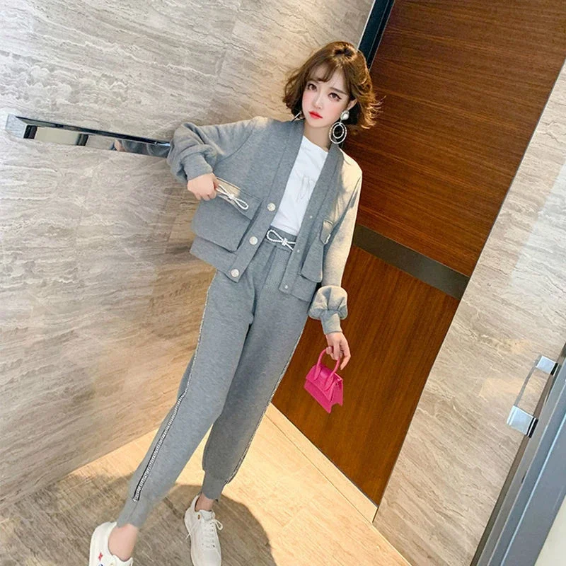 Autumn Winter Single-breasted Bow Women Suit 's Tracksuits Casual V-neck Causal Coat+ Pants for  Two Pieces Sets N468