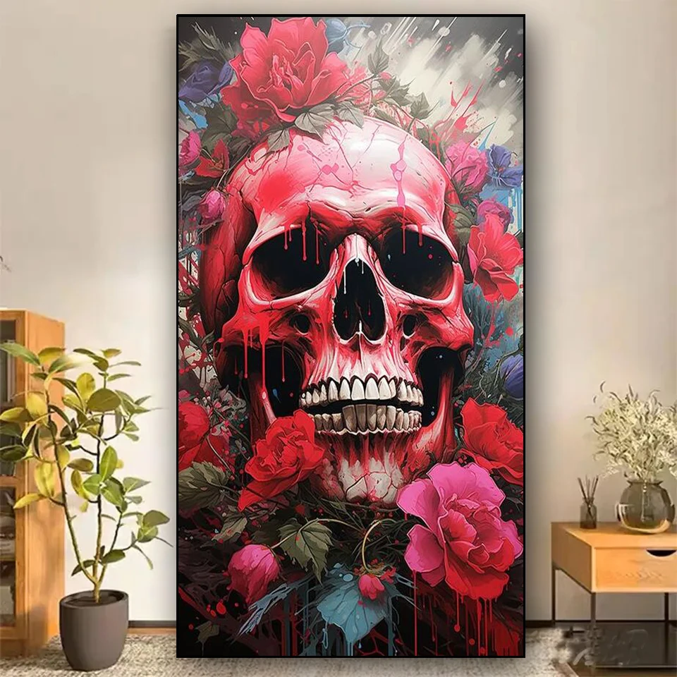 Gothic Red Flower Skull 5d Diamond Painting New 2024 Full Diamond Mosaic Embroidery Rhinestone of Picture Cross Stitch Halloween