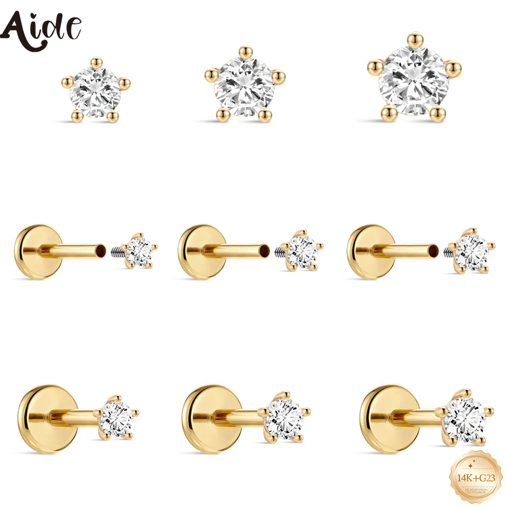 Aide 1PC 14K Soild Gold Implanted Grade Titanium Back  Star Zircon Cartilage Helix Threaded Piercing Fine Jewelry Gift For Here