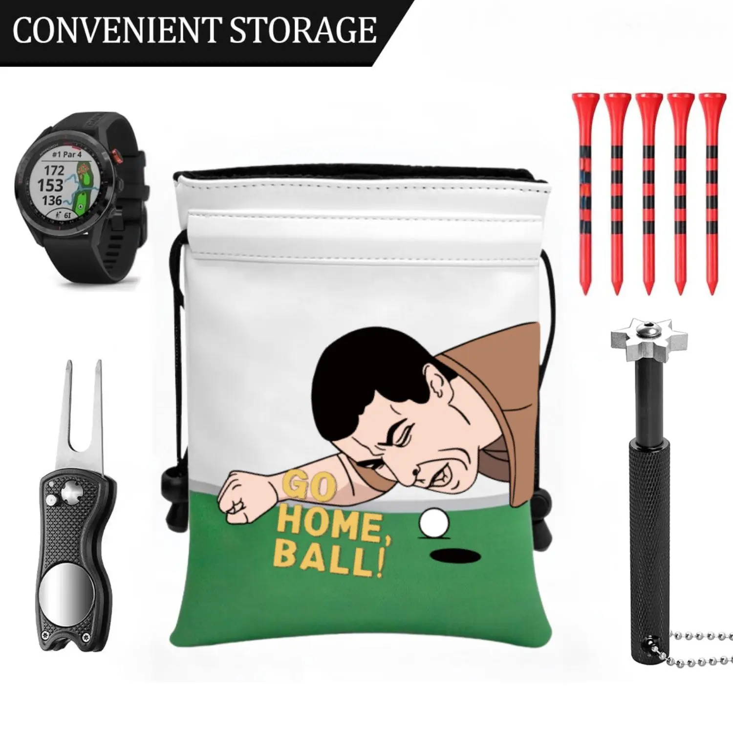 Funny Golf Valuables Pouch, PU Leather Golf Tee Pouch with Drawstring Closure Golf Ball Handbag Portable Ball Pouch