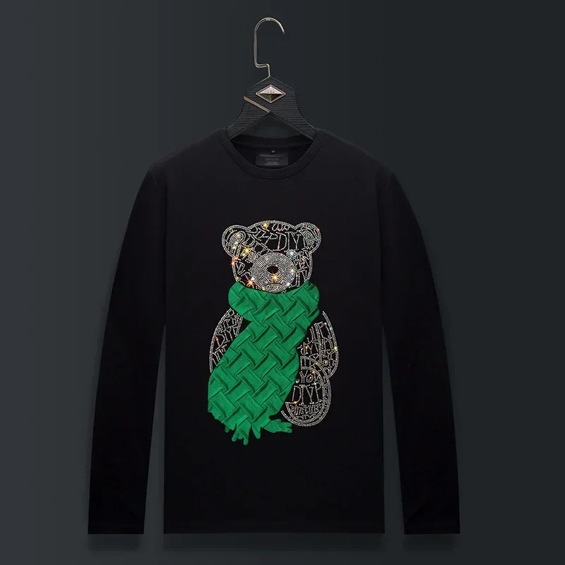

Plus Size Fashion Rhinestones T Shirts Men Cartoon Bear Streetwear O Neck Long Sleeve Slim Modal Cotton Tshirts Mens Clothing