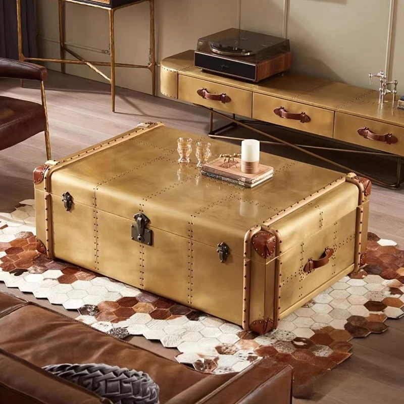 

American retro leather coffee table light luxury retro aluminum leather living room tea table corner few industrial style creati