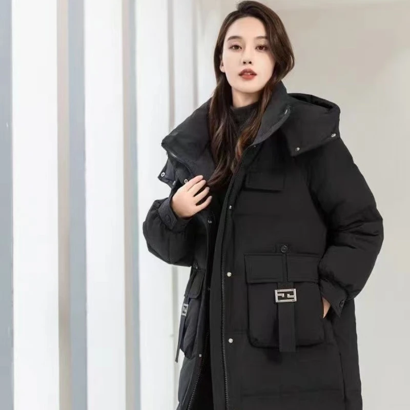 Hooded Duck Down Jacket for Women, Warm Coat, Long Parkas, Fashion Collar, Temperament, Leisure, Winter, New