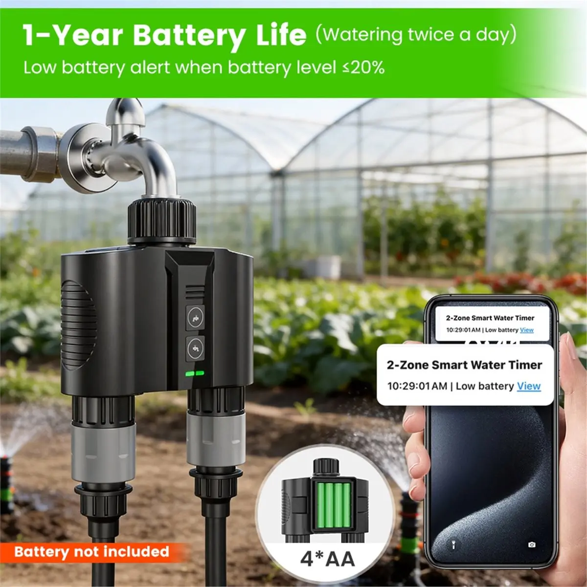 Y17A 1 Set WiFi Water Timer for Garden Hose,Sprinkler Timer with 2 Outlet for Lawns and Yard, Rain Delay/Remote/Manual Faucet