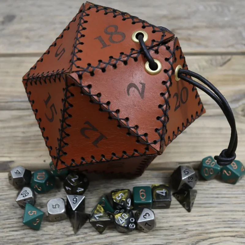 New D20 Dice Bag Polygonal Dice Leather Storage Boxes Reinforced Drawstring for Daily Working Wearing Gift