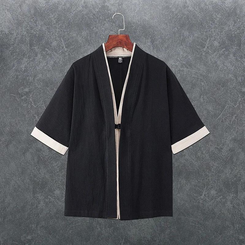 Kimono Japonés de Verano para Hombre, Ligero, de Lino, Manga 3/4, Abierto por Delante, Negro, Tradicional Haori