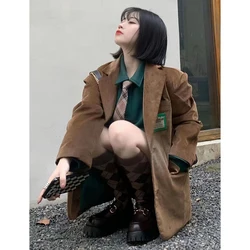 GIDYQ Vintage Corduroy Blazers Women Hong Kong Style Streetwear Loose Casual Suit Y2k Harajuku Long Sleeve Preppy Style Jacket