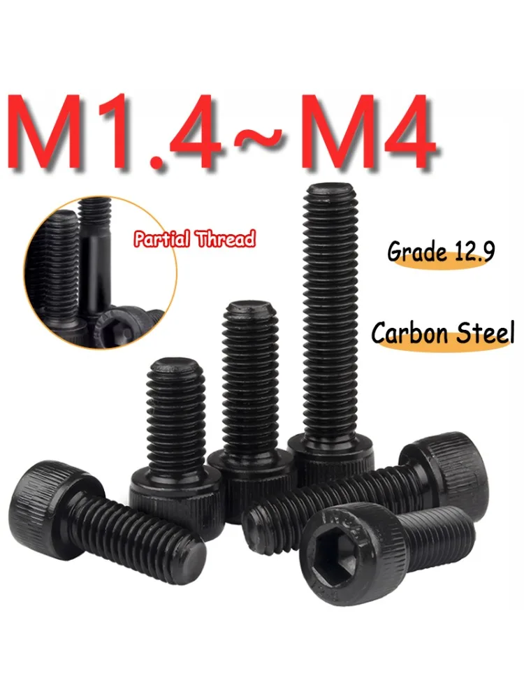 Mini vis à tête creuse hexagonale M1.4 M1.6 M2 M2.5 M3 M4 noir Grade 12.9 acier au carbone métrique vis à tête hexagonale boulons