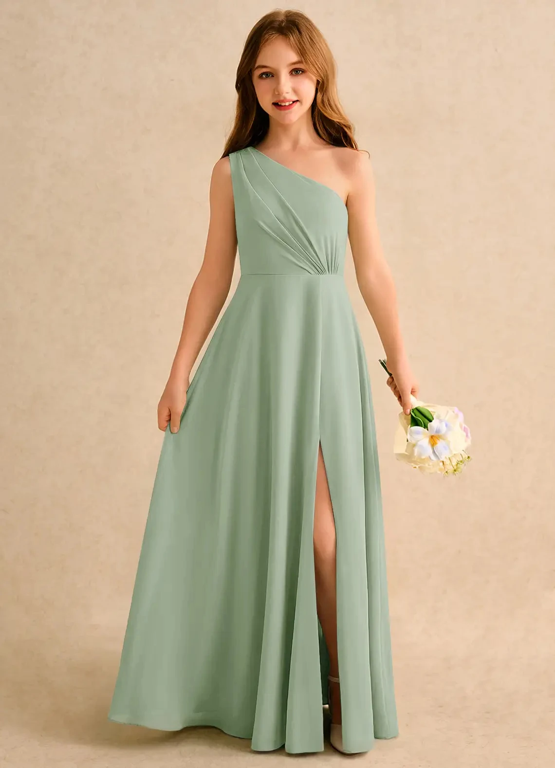 

A Line Chiffon Dresses Flower Girl Dresses One Shouder Slit Pleat Elegant Wedding Party Formal Prom Evening Lace Up Back