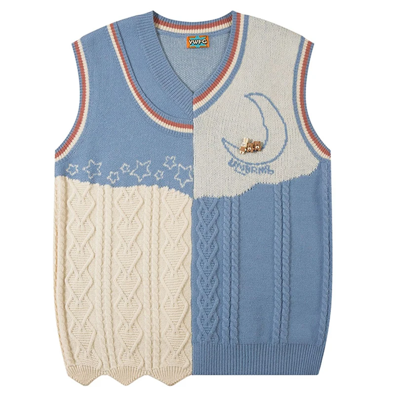 

Japanese Vintage Sweater Vest Men Color Matching V Neck Harajuku Wool Pullover Vest Oversized High Street Vest Autumn Pull Homme