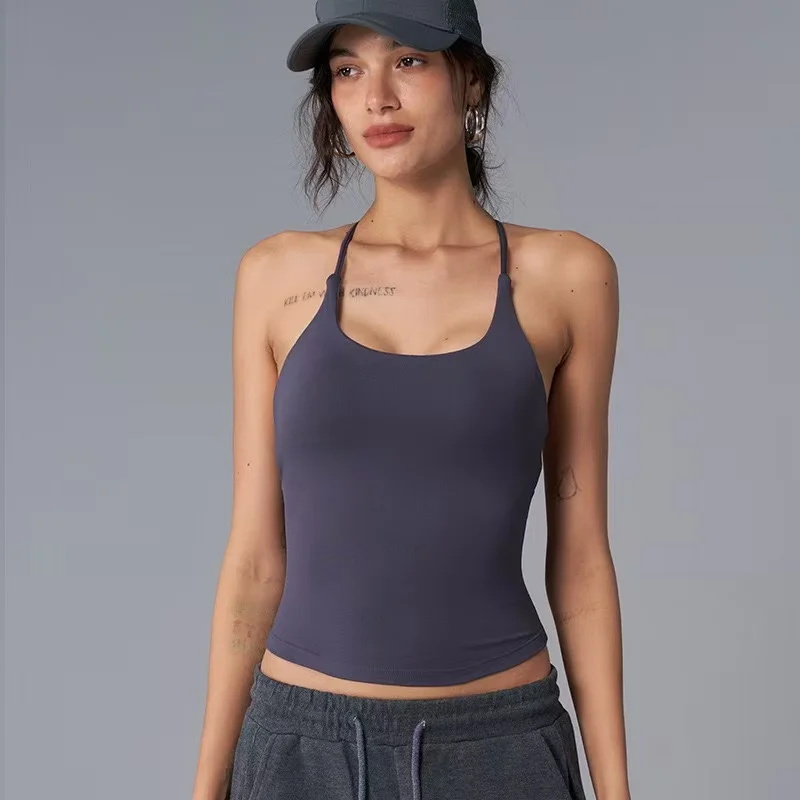 Elegant Criss Cross Open Back Sports Cami for Ladies, Soft Stretchy Thin Straps Yoga Crop Top, Anti-Shock Supportive Fitness