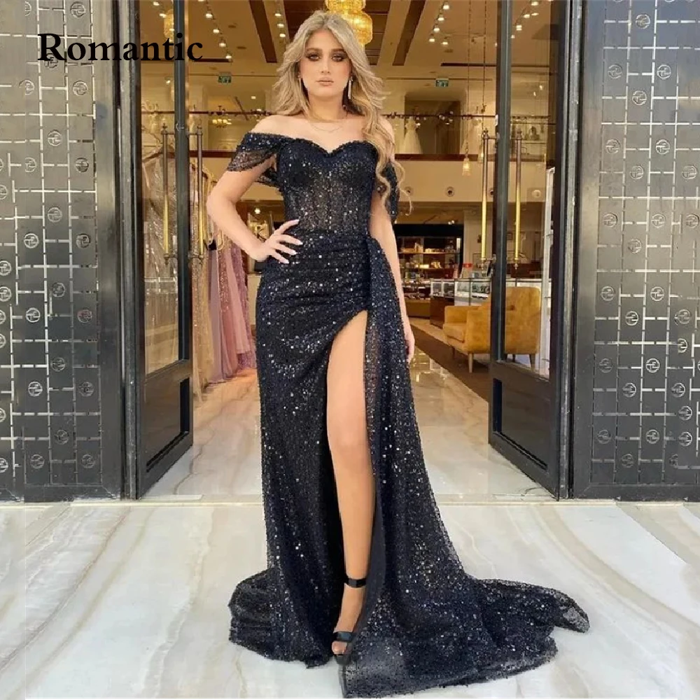 

Romantic Black Glitter Evening Dress Off The Shoulder Sweetheart Side High Silt Long Prom Dress Saudi Arabia Party Dress 2022