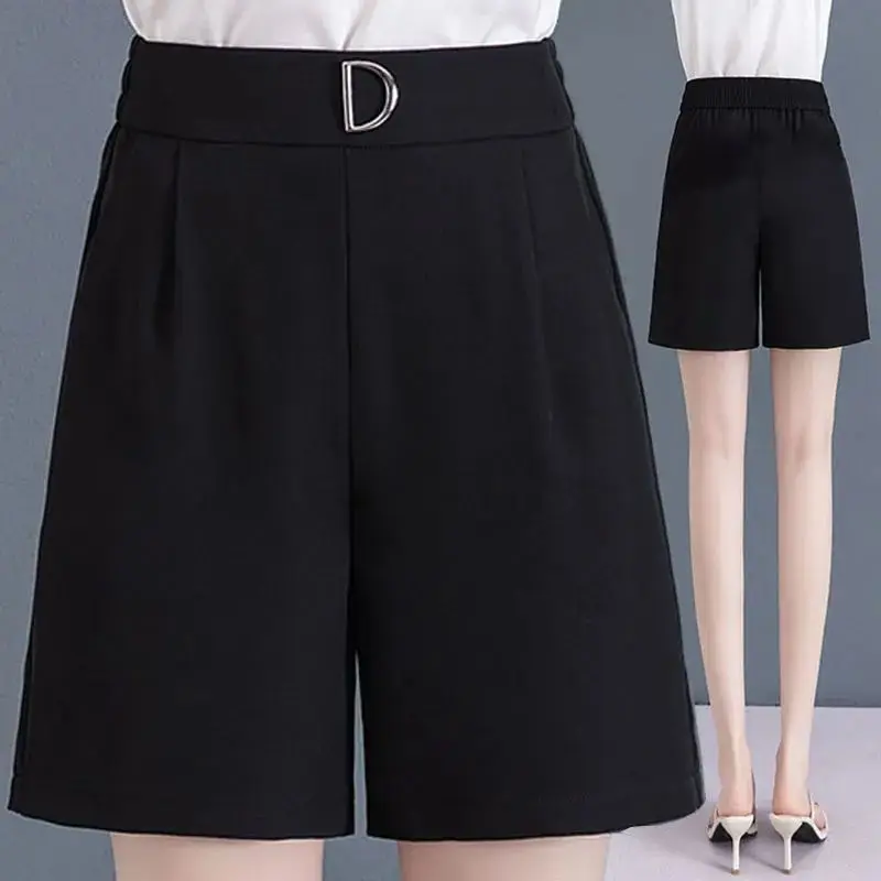 Women Summer Simplicity Office Lady Solid Color Ice Shreds High Waist Wide Leg Women Clothes Casual Appear Thin Quarter Shorts