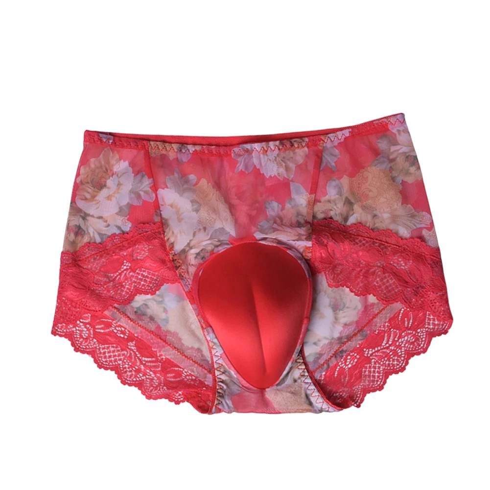 Men Ice Silk Trunks Lace Mesh Briefs Soft Underwear 3D Bulge Pouch Lingerie Ultra Hot Panties Floral Print Sissy Pantie Calcinha