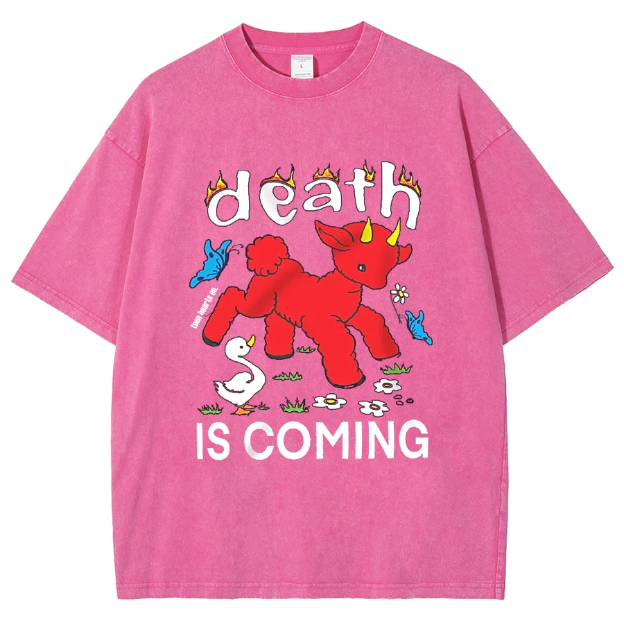 Y2K Washed T Shirt For Men, Hip Hop Death Is Coming Graphic Print Oversized Tshirt For Unisex ,Harajuku Short Sleeved Streetwear