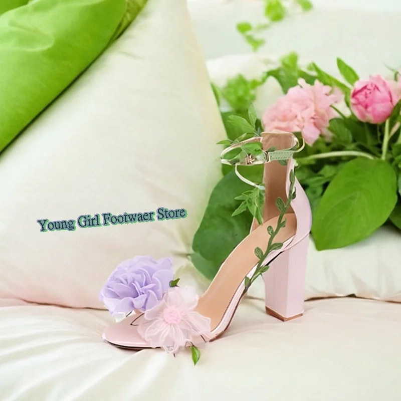 

Fairy Style Absolutely Gorgeous Sandals Round Head One-Strip Flowers Women's Shoes Stilettos Leaky Toe Wedding Shoes