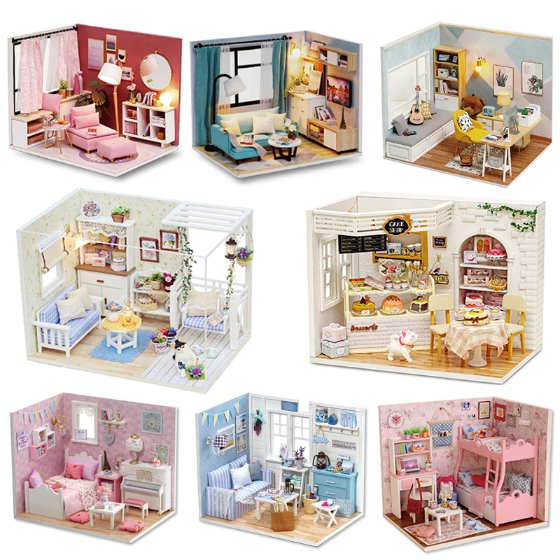 Wooden Mini Doll House 3D Puzzle Assembly Building Model Toys Home Bedroom Decoration With Furniture LED Lights Toy Xmas Gifts