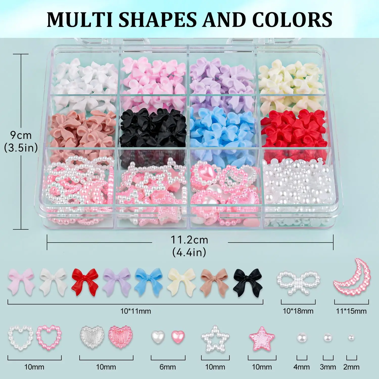 12grid/box Mixed Bowknots Nail Art Decorations 3d Resin Charms Kawaii White Pink Bow Rhinestone Nail Art DIY Manicure Tools