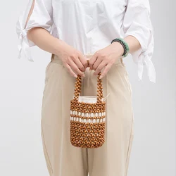 Casual Beach Color Beading Bucket Bags Summer Handmade Wooden Beads Handbags Hollow Out Tote Bags for Women Ladies Clutch Purses