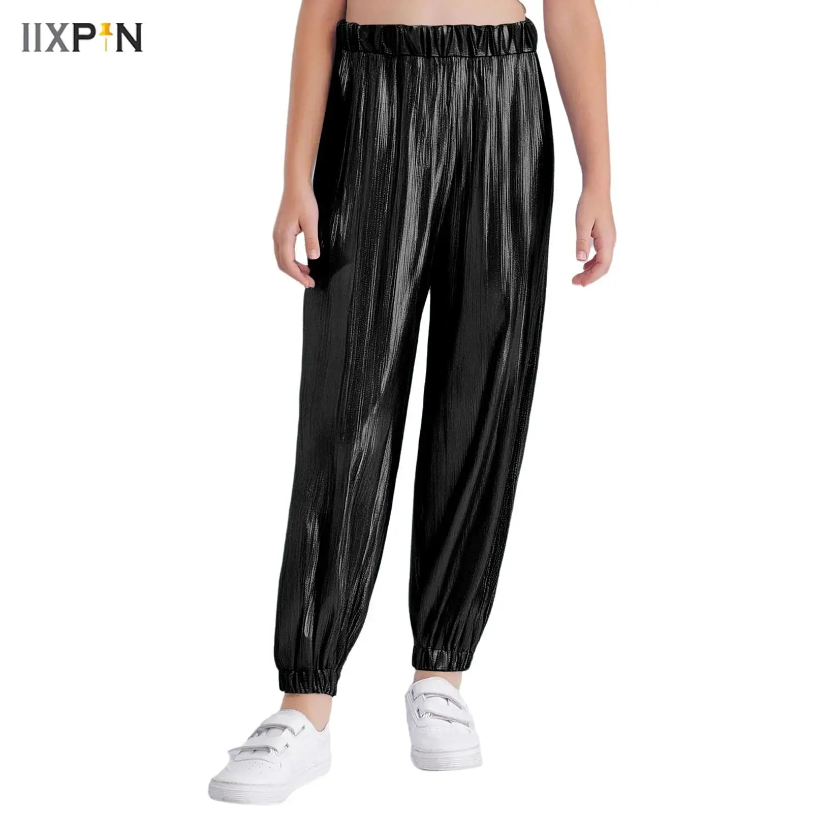 

Kids Girls Hip Hop Jazz Dance Pants Trousers Elastic Waistband Metallic Shiny Ribbed Cargo Pants Stage Performance Sport Costume