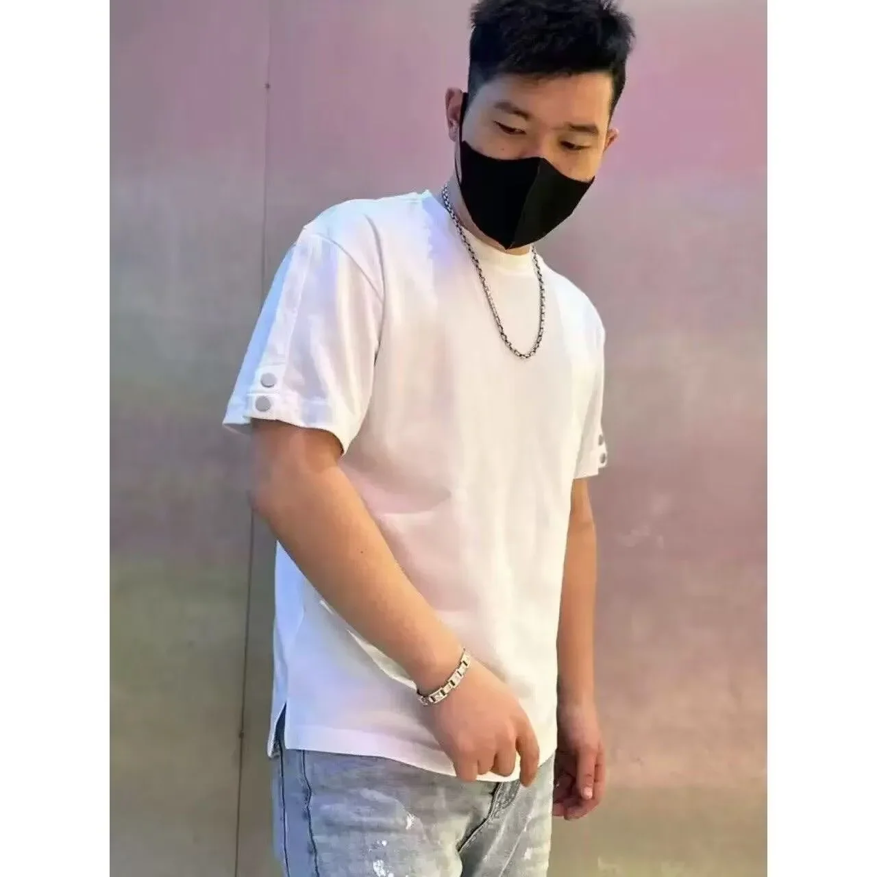 White Men's Casual T-Shirt With Button Detail On Sleeve For Daily Wear Summer Breathable Style