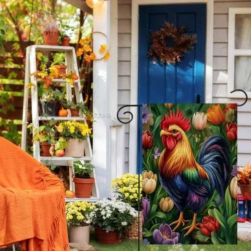Welcome Tulip Rooster Garden Flag Double Side Vertical Burlap, 12x18 Inch XXQ