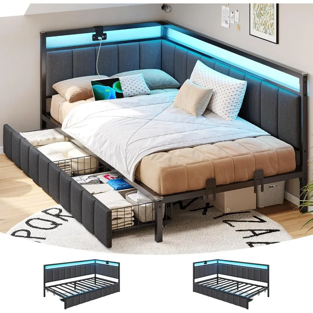 

Bed Frame Twin Size with 2 Storage Drawers and Charging Station Twin Platform Corner Bed Frame Guardrail Daybed for Living Room