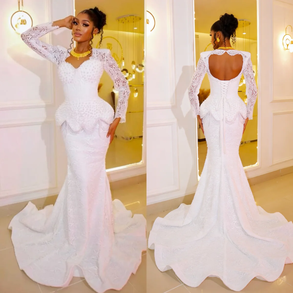 

Custom Luxury Lace Up Beaded Lace Peplum Mermaid Wedding Dress 2025 Cathedral Train Bridal Gown Plus Size Vestido De Novia