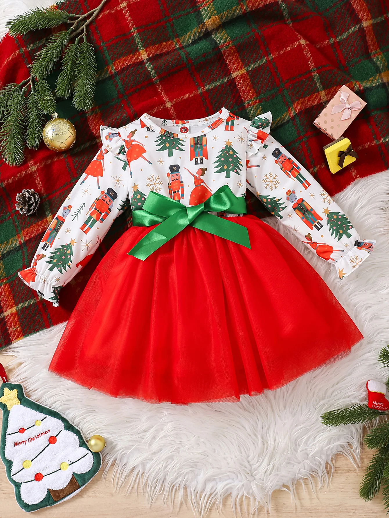 2024 new Christmas Costume 2 To 8 Years Girl Dresses for kids Cartoon printing Long Sleeved red Mesh Princess Party Dresses