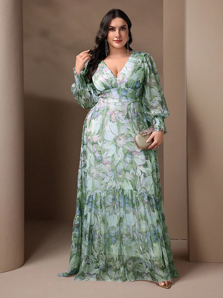 TOLEEN-vestidos longos tamanho grande para mulheres, decote v, manga lanterna, plissado, casual, elegante, estampa floral, férias, festa, primavera, verão, 2022