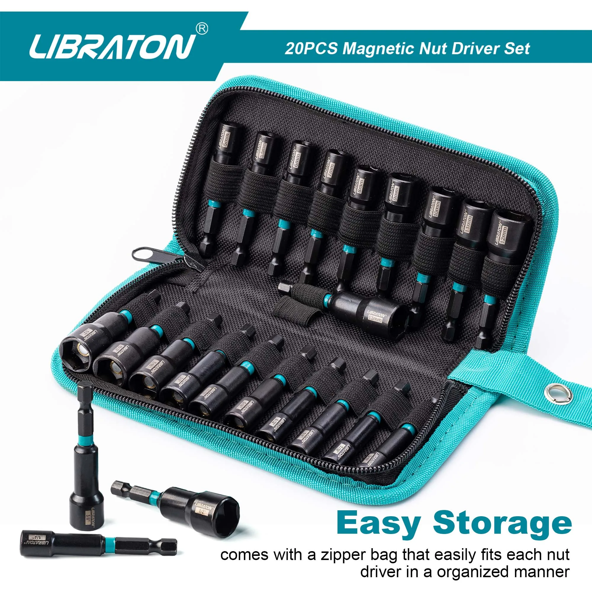 LIBRATON Magnetischer Steckschlüssel, 20-teiliges Schlagbohrer-Bit-Set 1/4 Zoll metrisch 5-13 mm & SAE-Steckschlüssel 3/16''-1/2'' für Reparaturen – Detail 9