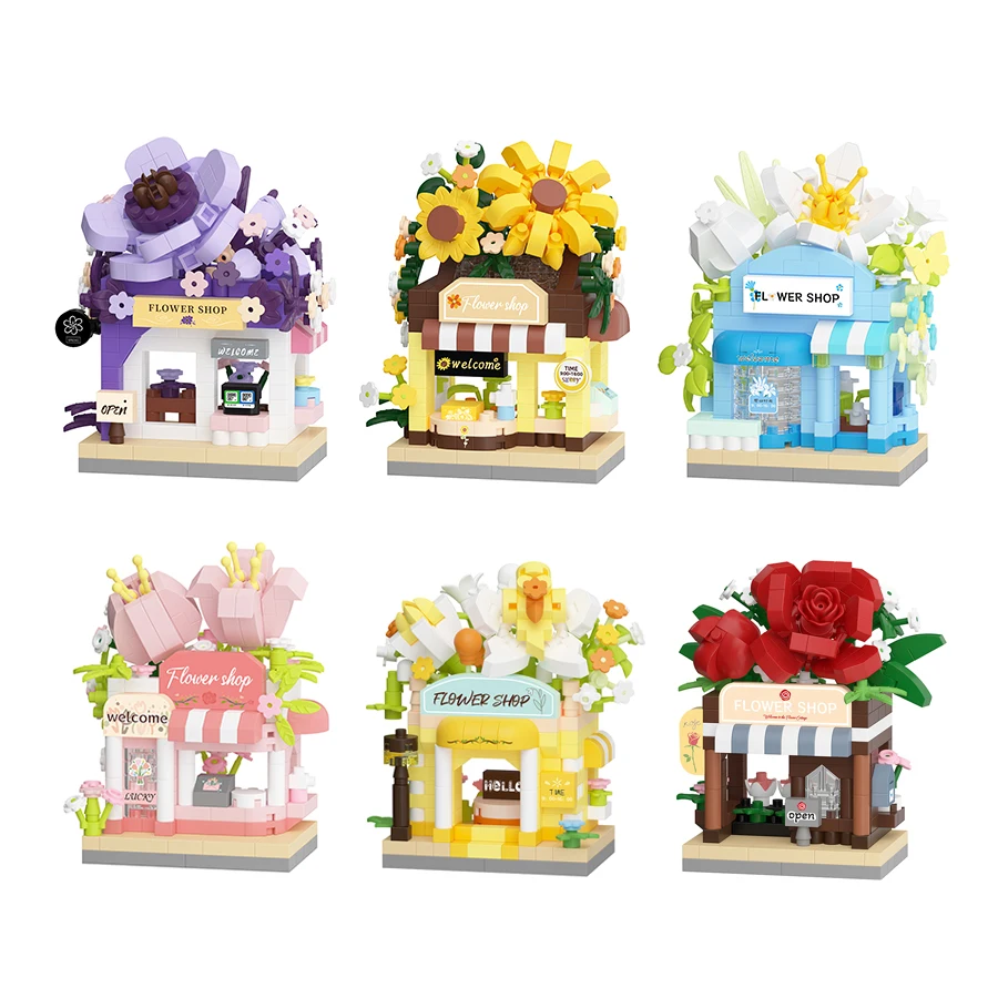 Mini casa de flores tienda vista a la calle bloques de construcción Micro bloques DIY juguetes hechos a mano para niños conjunto de regalo adornos