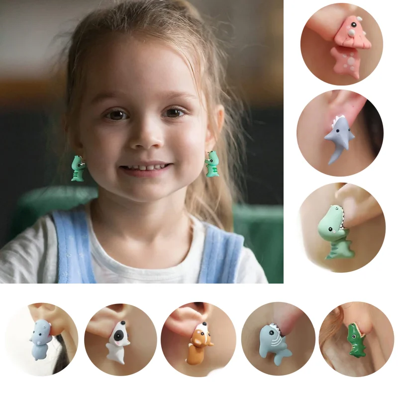 العصرية الأصالة CuteCartoon الحيوان العض وأقراط النساء لطيف القرش ديناصور الراتنج ثقب القرط الأذن الحيوان أقراط #2