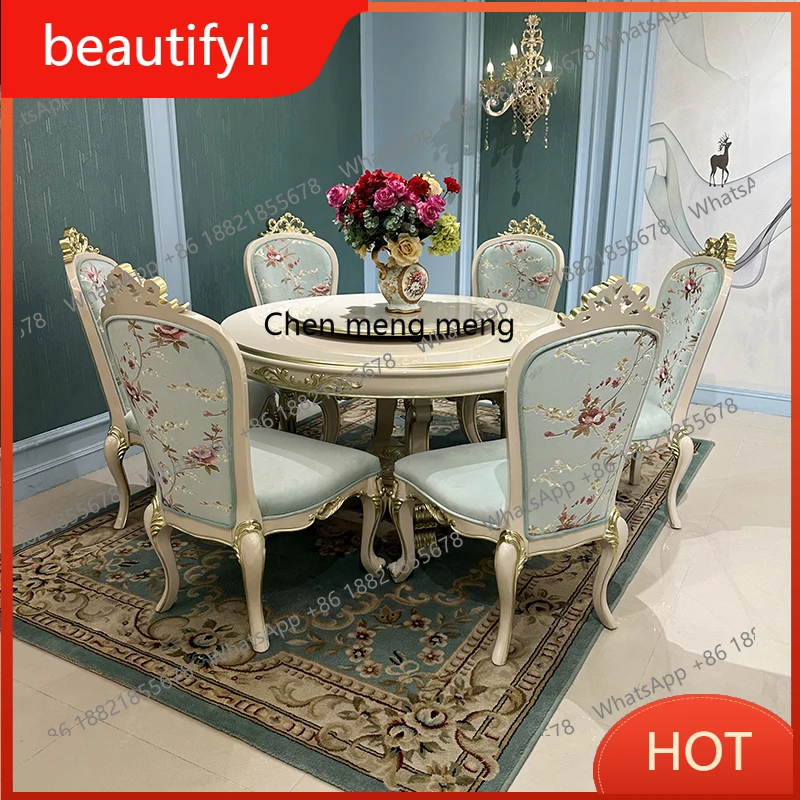 C456 Dining table and chair combination European luxury solid wood round dining table with turntable carved restaurant home
