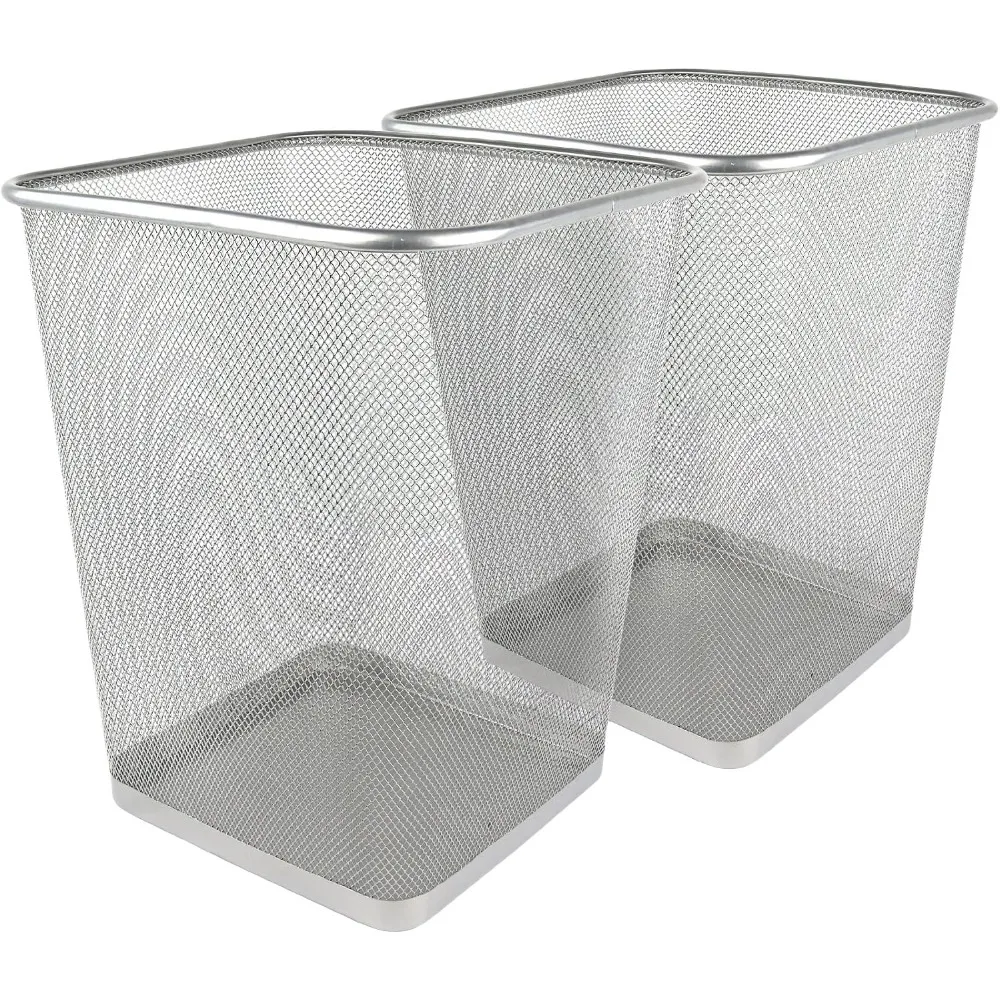 

Greenco Small Trash Cans for Home or Office, 2-Pack, 6 Gallon Silver Mesh Square Trash Cans, Lightweight, Sturdy for Under Desk,