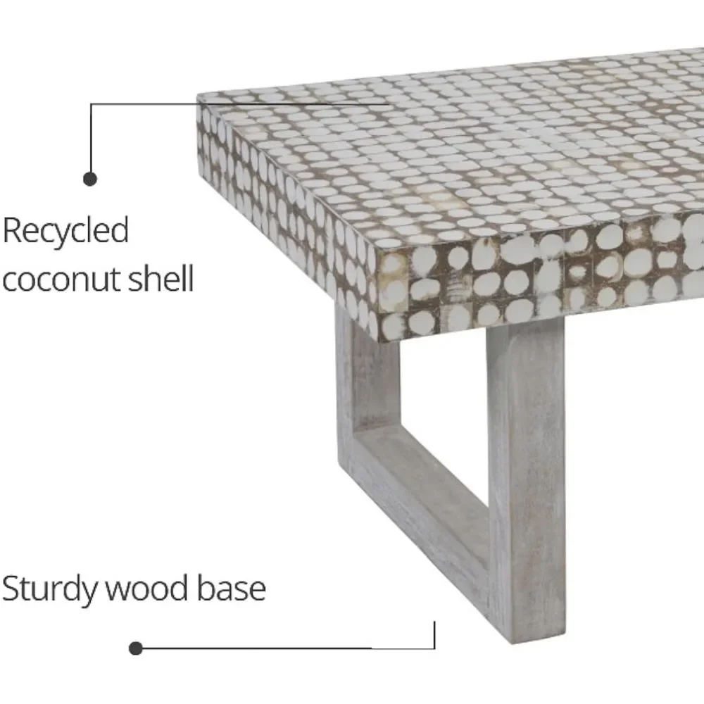 Centro de mesa hecho a mano con incrustaciones de mosaico de concha de coco de granja, acabado de pátina blanca, mesa de centro rectangular, mesa de centro de lujo