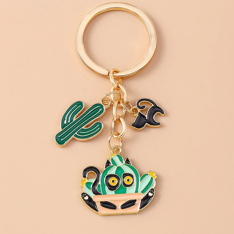 Cute Enamel Cartoon Cat Keychain Potted Plant Flower Key Ring for Women Girls Handbag Pendants DIY Handmade Jewelry Gift