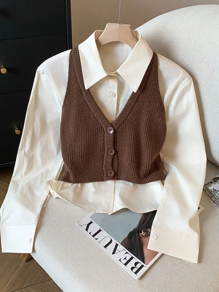 

Women's V-Ne Knitted Vest Long Sve irt Underwear Autumn New Sle Versatile Two-Piece Set Ci Walk Open Cardigan