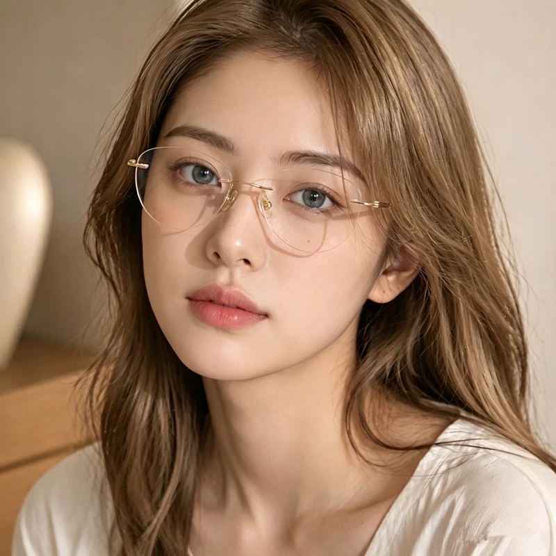 Prescription frameless cat eye pure titanium eyeglass frame for women, ultra light frameless progressive myopia and hyperopia