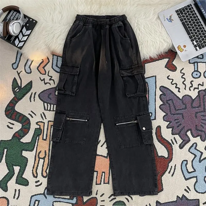Autumn Black Cargo Jeans For Men Multi Pocket Wide Leg Denim Pants American Casual Fashion Street Style Elastic Waist Trousers