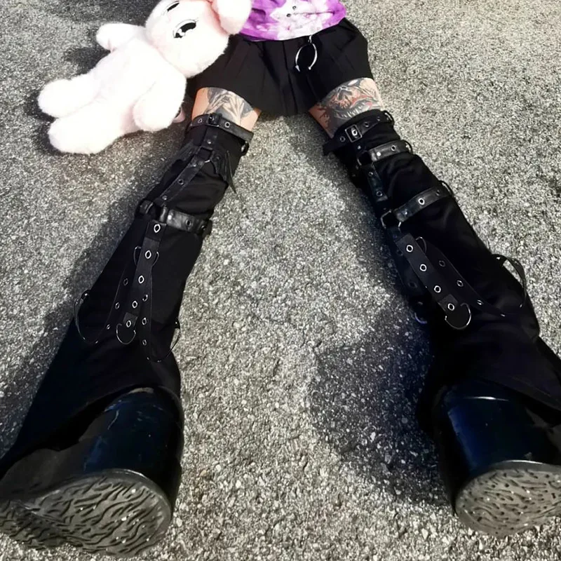 Japanese Version Rock Punk Rivet Metal Street Buckle Embellished Flared Pants Knitted Leg Sets Socks 2022