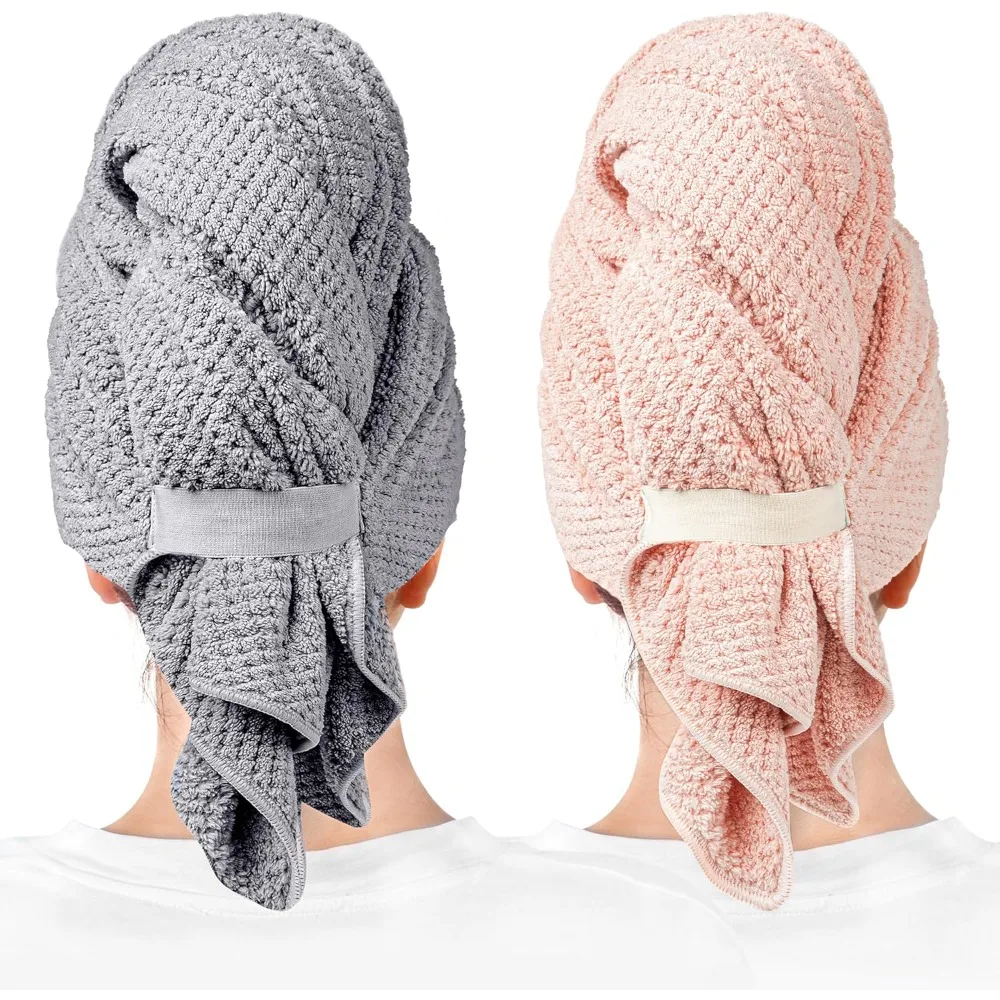 2Pc Microfiber Hair Towel Wrap Extra Large Quick Dry Turban with Elastic Band Ultra Absorbent Soft Bath Towel for Women Men