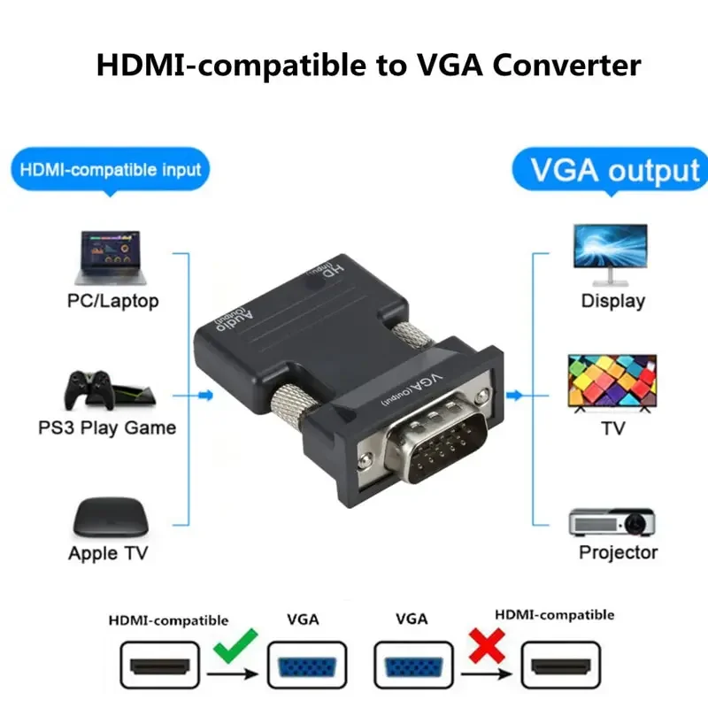VGA-HDMI 호환 컨버터 어댑터, HDMI-VGA 비디오 어댑터, HDTV 프로젝터 모니터용 3.5mm 오디오 케이블 포함