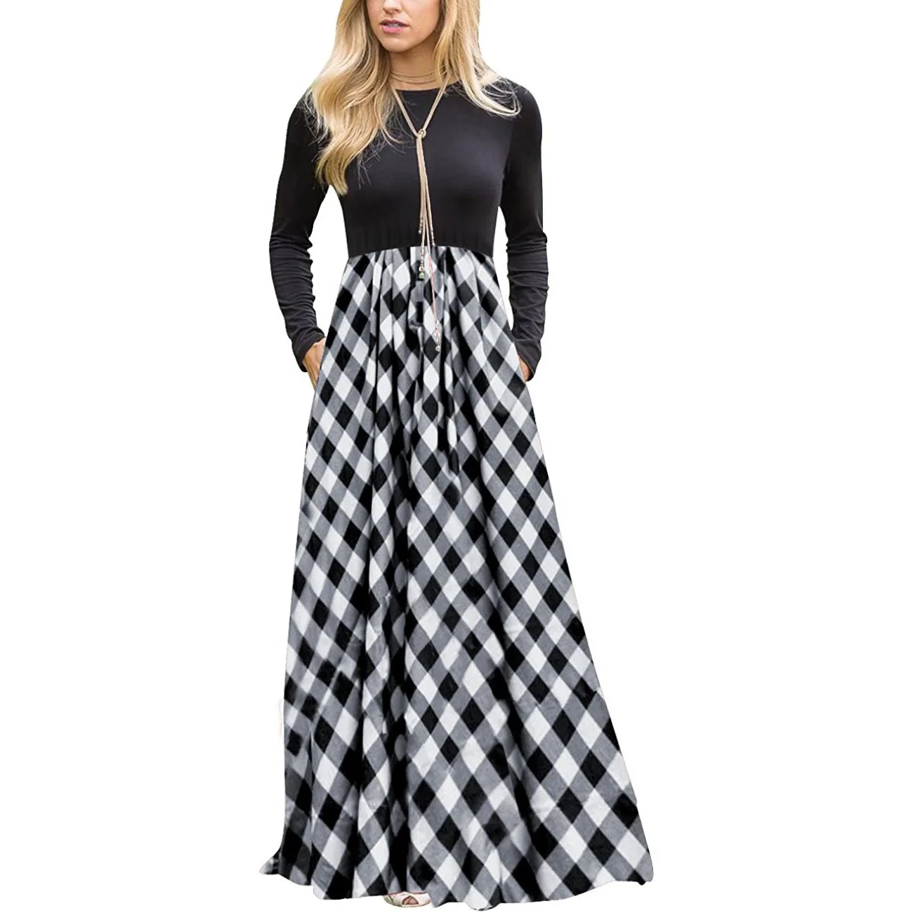 Fashion Vintage Plaid Print A-line Party Dress Women Spring Summer O-neck Long Sleeve Maxi Dresses Pocket Vestidos