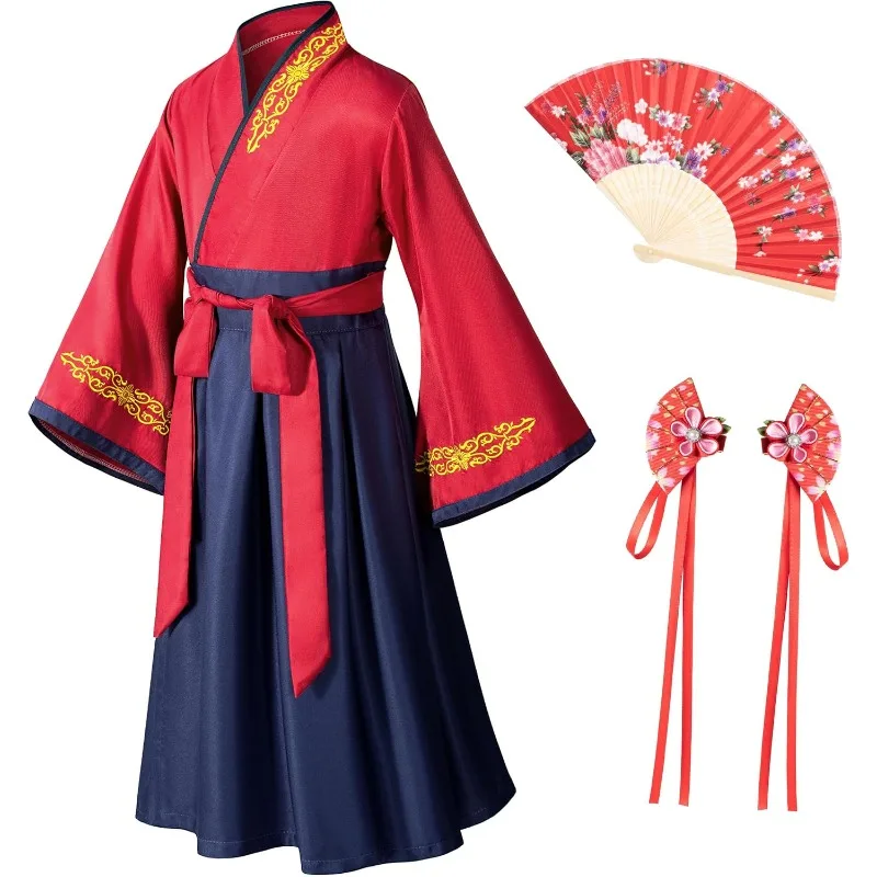 

Girls Traditional Dress Kimono Robe Cosplay Hanfu Silk Folding Fans Hairstick Japanese Suit for Stage Performance Outfits