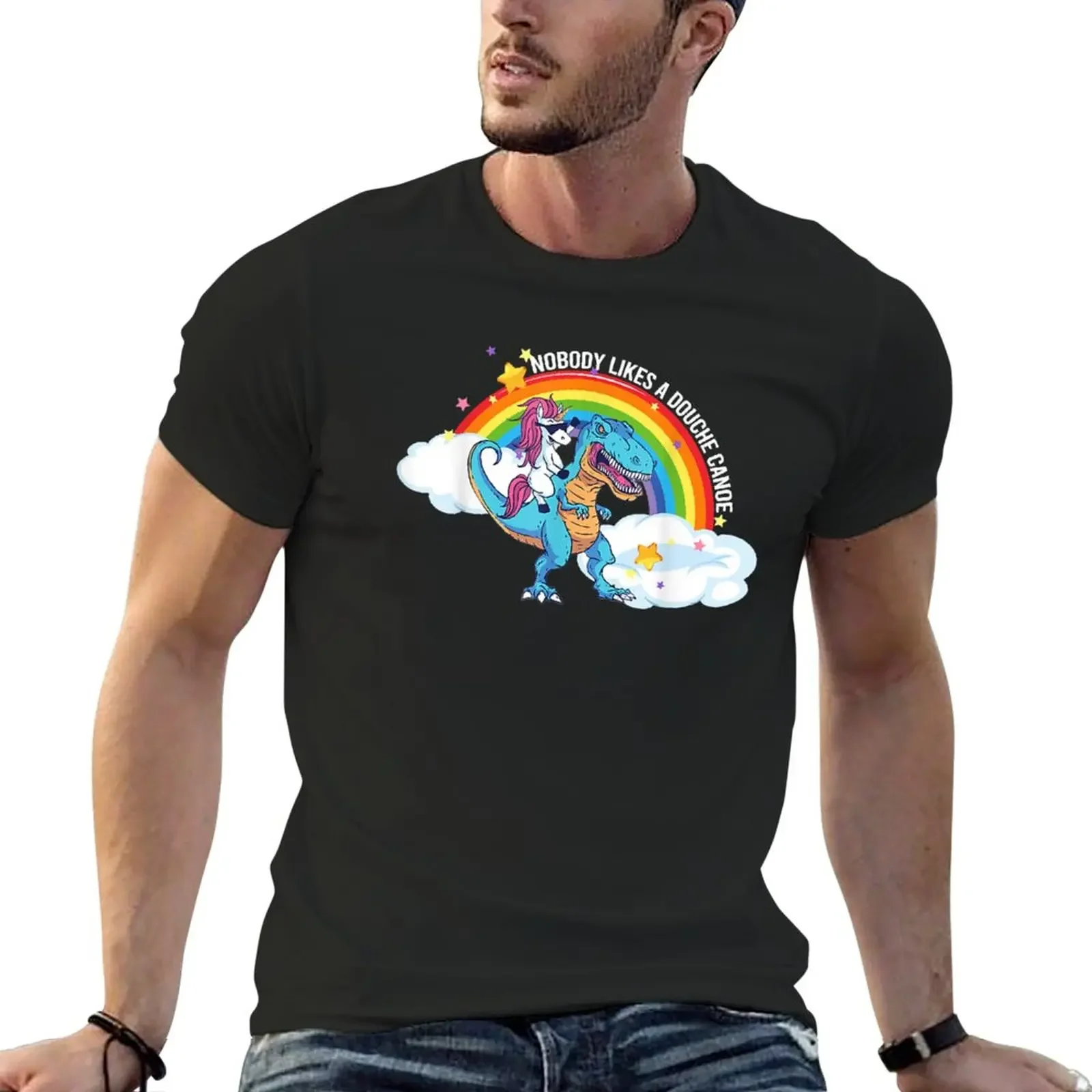 Nobody Likes a Douche Canoe Rainbow unicorn riding dinosaur T-Shirt plain boys animal print vintage clothes clothes for men