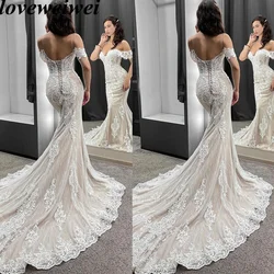 Beach Mermaid Wedding Dresses Lace Appliques Tulle Bridal Gowns with Long Train Off Shoulder Bride Gown Vestidos De Novia